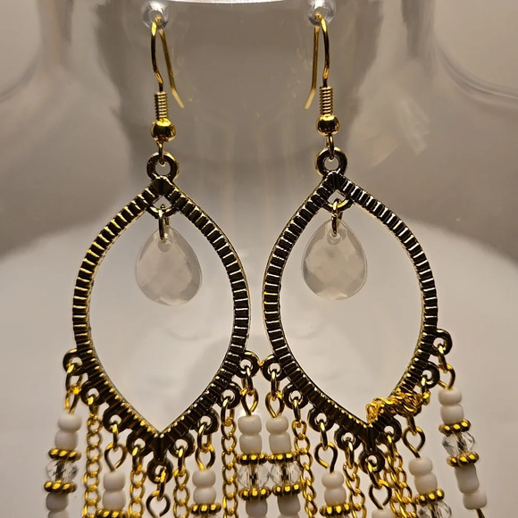 Bohemia White Beaded Waterdrop Dangle Earrings Handmade Beaded Tassel Hollow - Picture 3 of 6